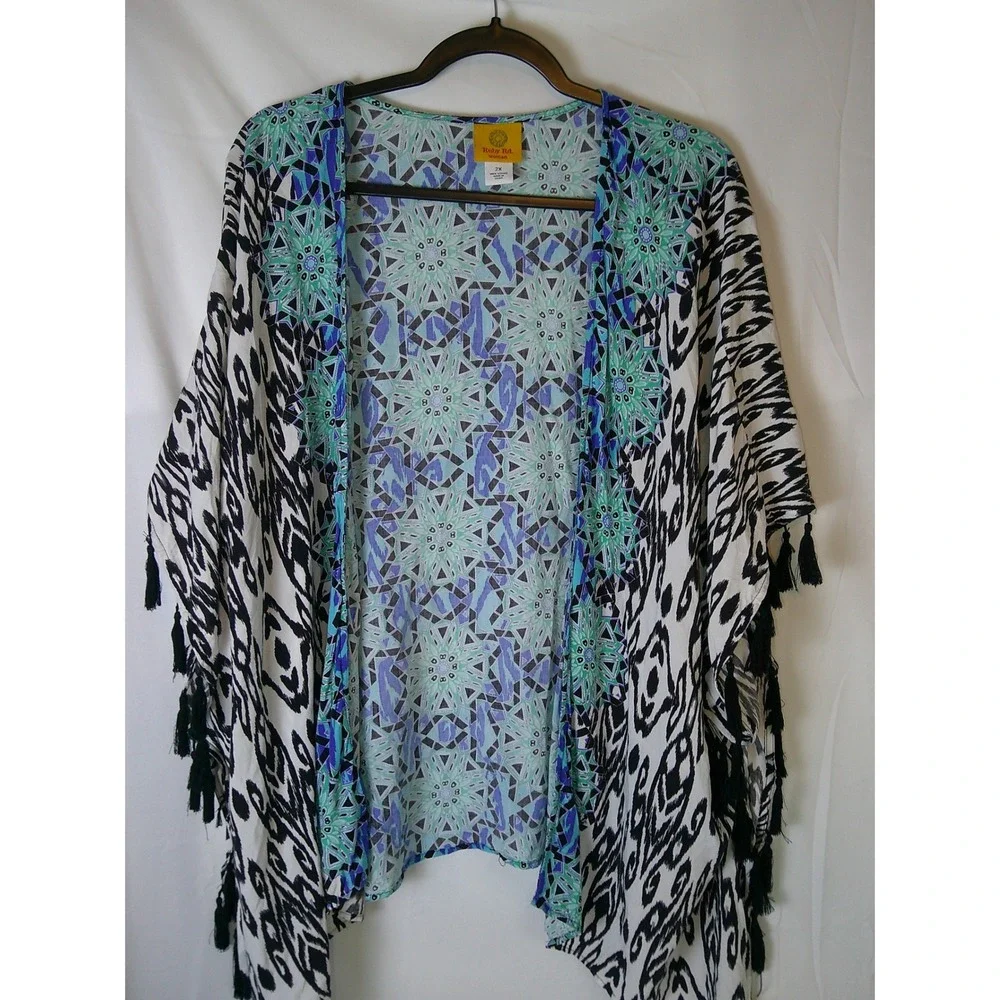 Ruby Rd Woman 2X Geometric Print Tassel Kimono Kaftan Top - Picture 1 of 5